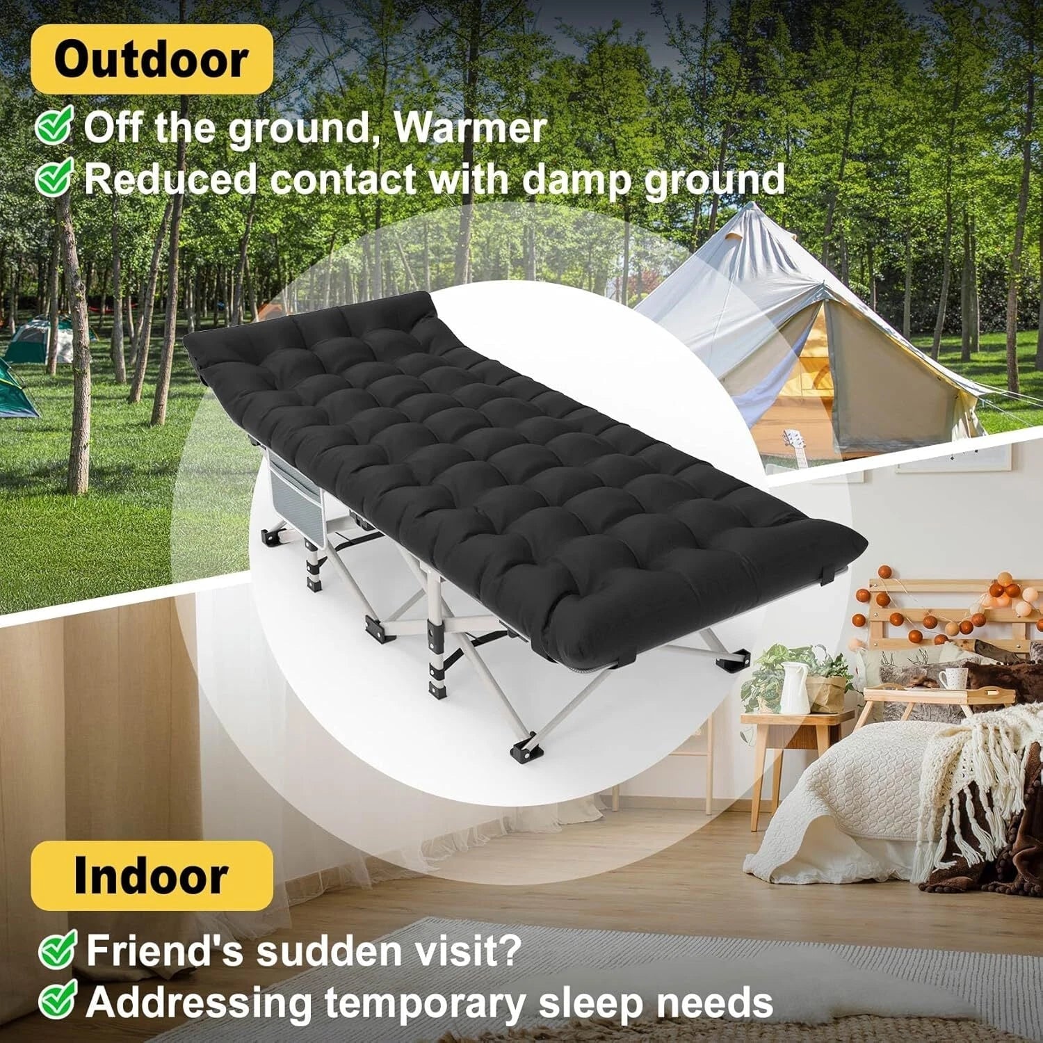 Black folding camp bed with mattress, 800 lb. maximum load capacity 07FC0E-D4 - KOEEK
