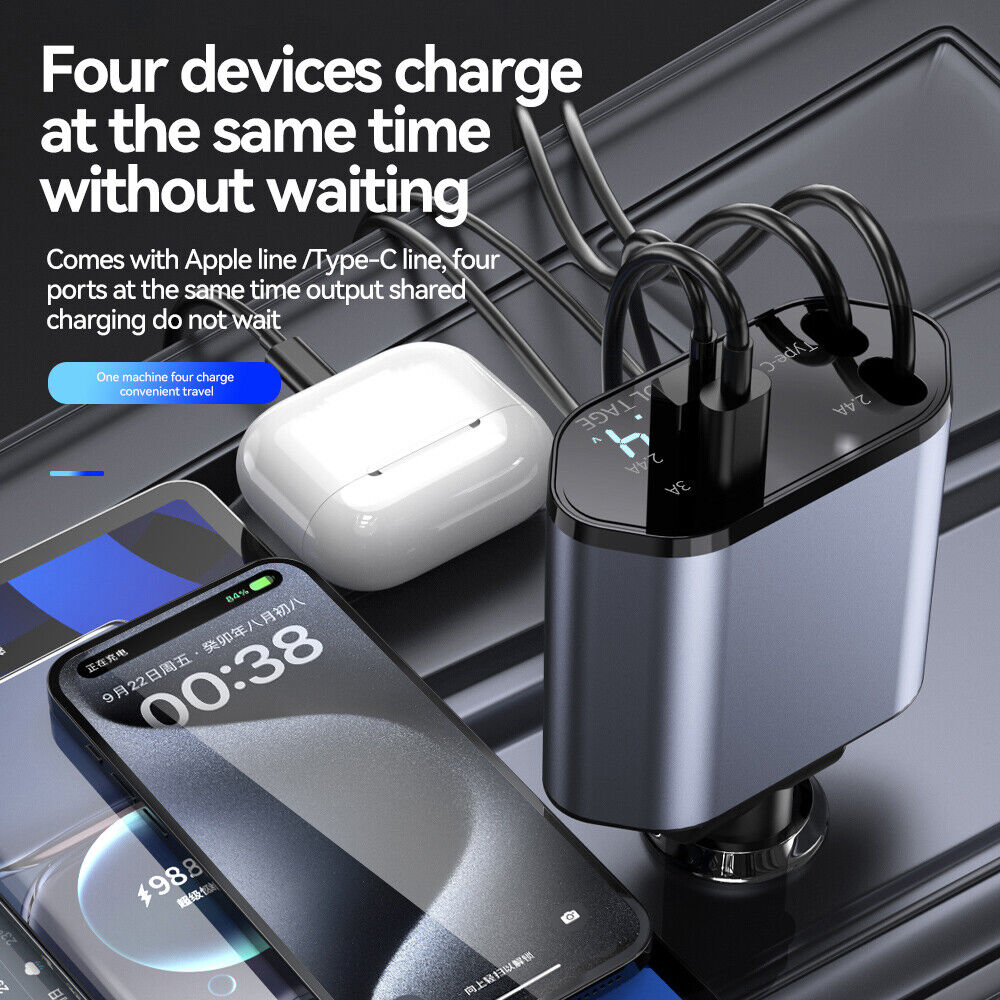 new 4 IN 1 Retractable Car Charger Cable Dual Port USB C PD Fast Charging Adapter koeek - KOEEK