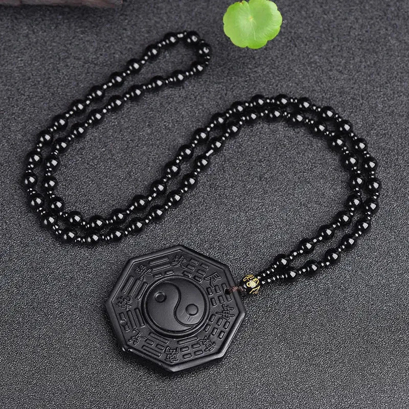 Chinese Obsidian Yin Yang Necklace Amulet Feng Shui Pendant Bead Chain 07FC0E-D4 - KOEEK