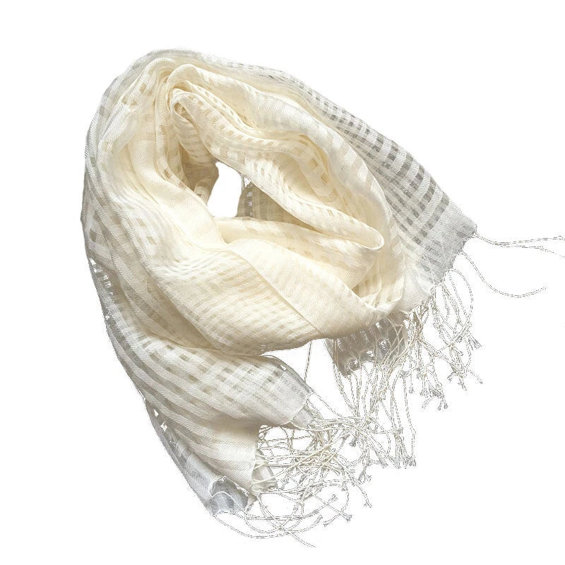 Womens Plaid Tasseled White Wool Silk Scarf Breathable Veil Shawl Scarves Stole 07FC0E-D4 - KOEEK