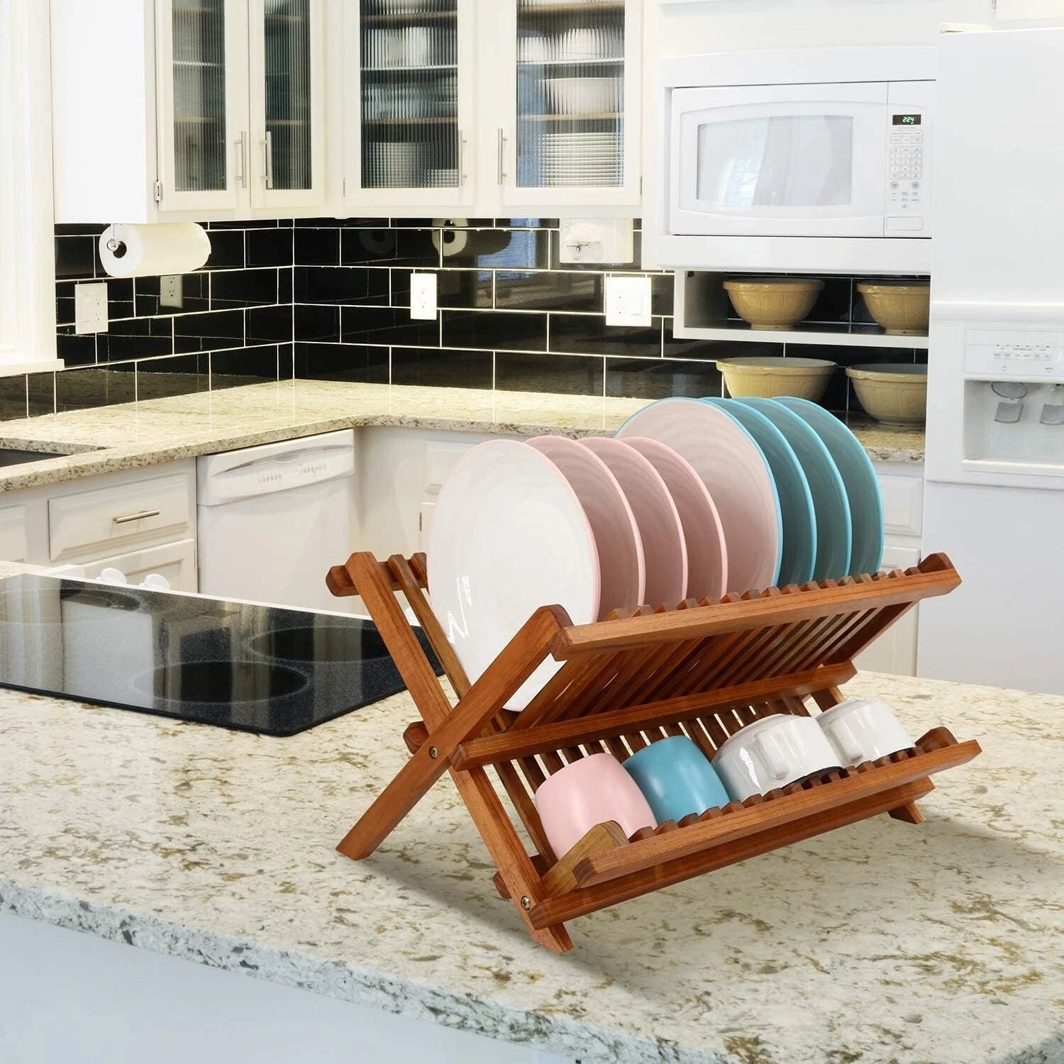 Compact Teak Dish Rack Foldable 2 Tier Dish Rack Dish Drying Rack 07FC0E-D4 - KOEEK