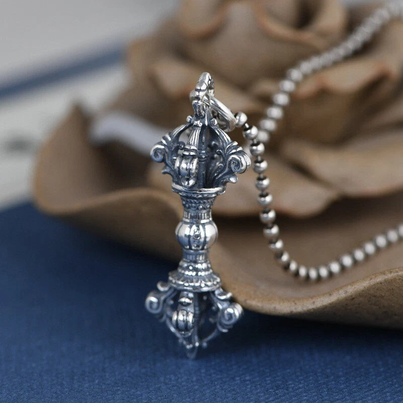 Real 925 Sterling Silver Buddhist Blessing Vajra Pendant 1.73inch L 07FC0E-D4 - KOEEK