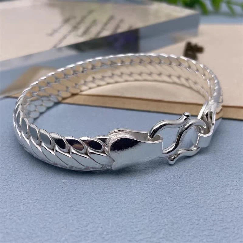 Pure S999 Fine Silver Chain 10mm 12mm 14mm Cuban Curb Link Bracelet 7.1-8.7inch 07FC0E-D4 - KOEEK