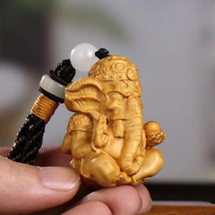 Boxwood Carved Elephant God Figurine Keychain Pendant Wood Statue Car Hanging 07FC0E-D4 - KOEEK