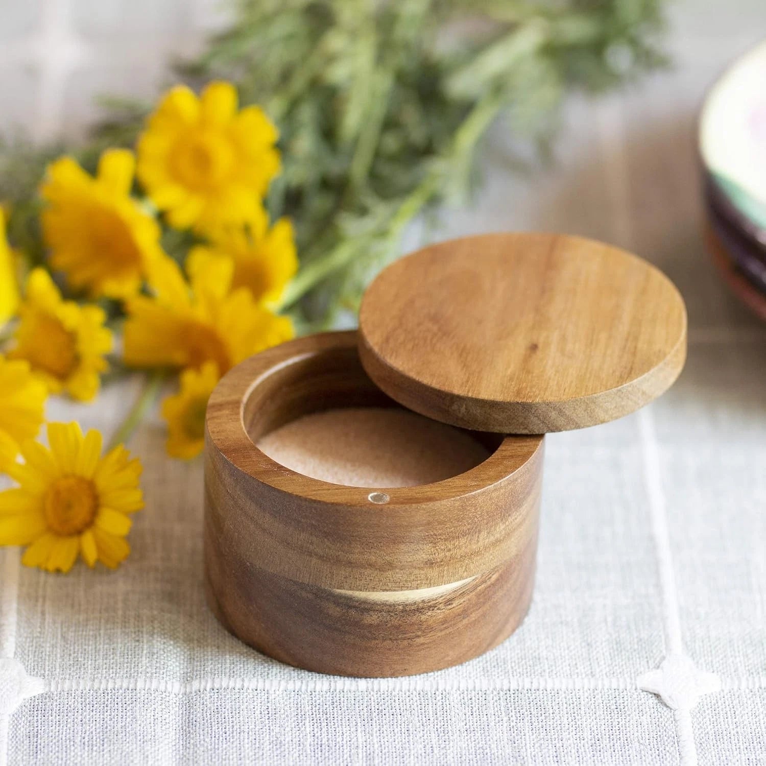 Rock & Branch Acacia Wood Salt Cellar Storage Box with Magnetic Swivel Lid 07FC0E-D4 - KOEEK