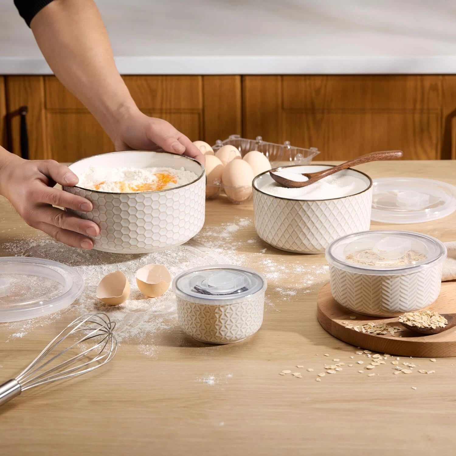 Ceramic Nesting Bowl with Lid, Embossed, Food Storage Container, Kitchen Bowl 07FC0E-D4 - KOEEK