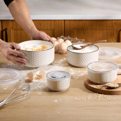 Ceramic Nesting Bowl with Lid, Embossed, Food Storage Container, Kitchen Bowl 07FC0E-D4 - KOEEK