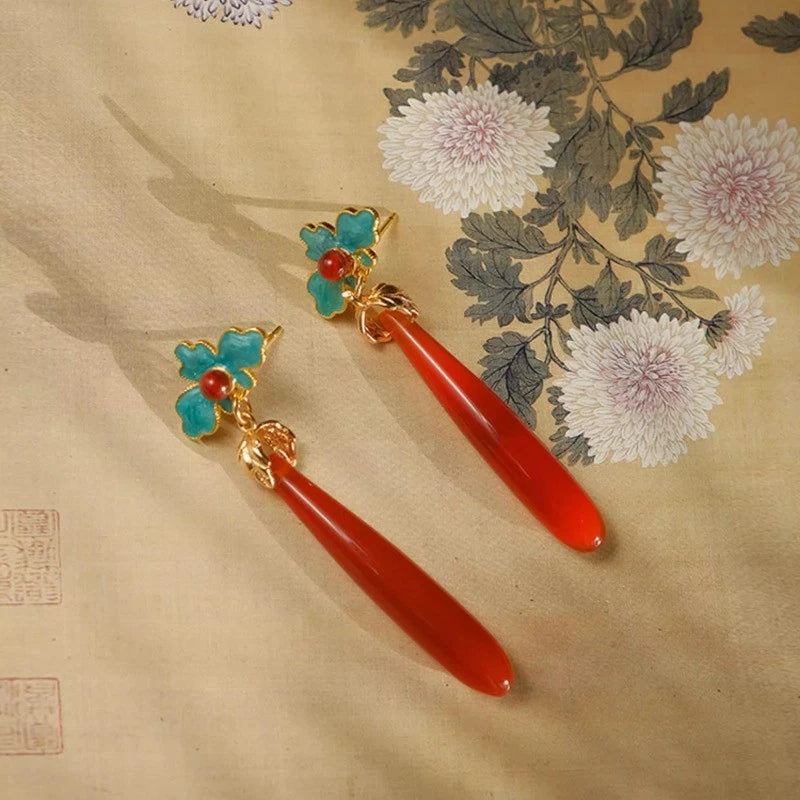 1Pair Exquisitely Chinese Agate Ear Pendant Earrings Hanfu Cheongsam Accessories 07FC0E-D4 - KOEEK