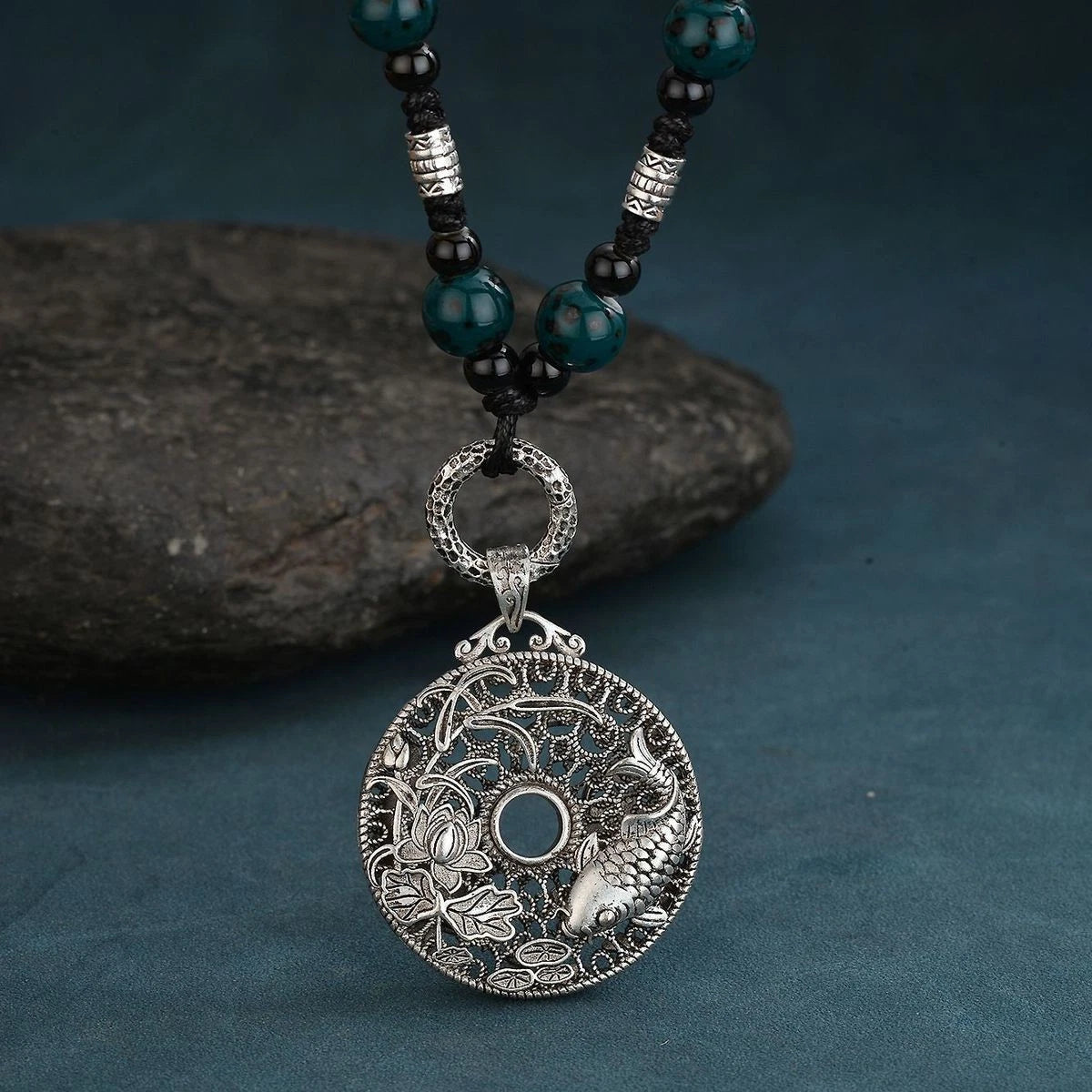 Vintage Hollow Lotus Koi Pendant Necklace Sweater Chain For Women 07FC0E-D4 - KOEEK