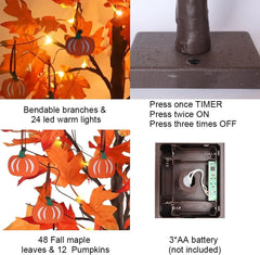 24”2FT Lighted Maple Leaves Tree with 24 LEDs & 12 Wood Pumpkin Ornaments 07FC0E-D4 - KOEEK