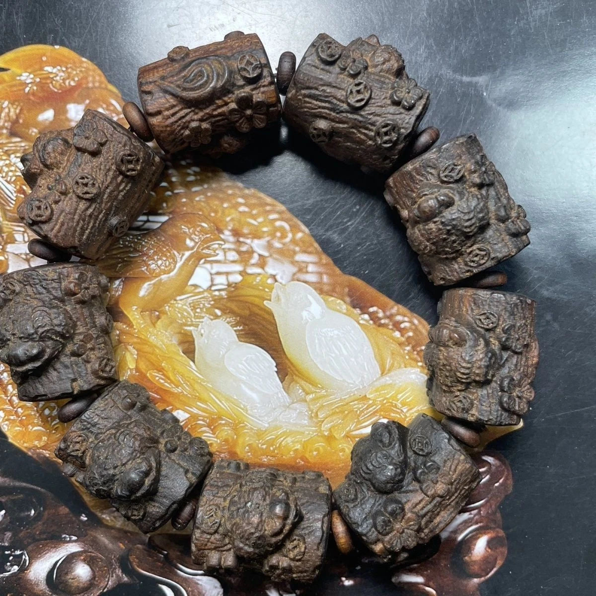 Hainan Agarwood Pendant Natural Old Wood Carved Toad Plum Blossom Ornament 07FC0E-D4 - KOEEK