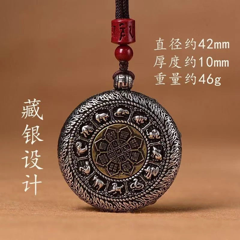 Natural Cinnabar Handcarved Tibetan Silver Bagua Pendant Amulet Necklace 07FC0E-D4 - KOEEK