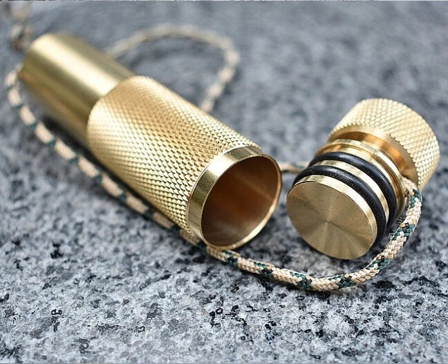 Hot EDC Brass Waterproof Pill Case Container Box Pendant w/ Compass Outdoor Tool 07FC0E-D4 - KOEEK