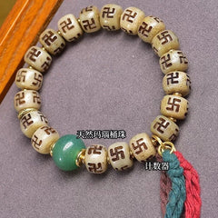 Tibetan Carved Auspicious Symbol Bead Bracelet Buddhist 12x8.4mm Unisex 07FC0E-D4 - KOEEK