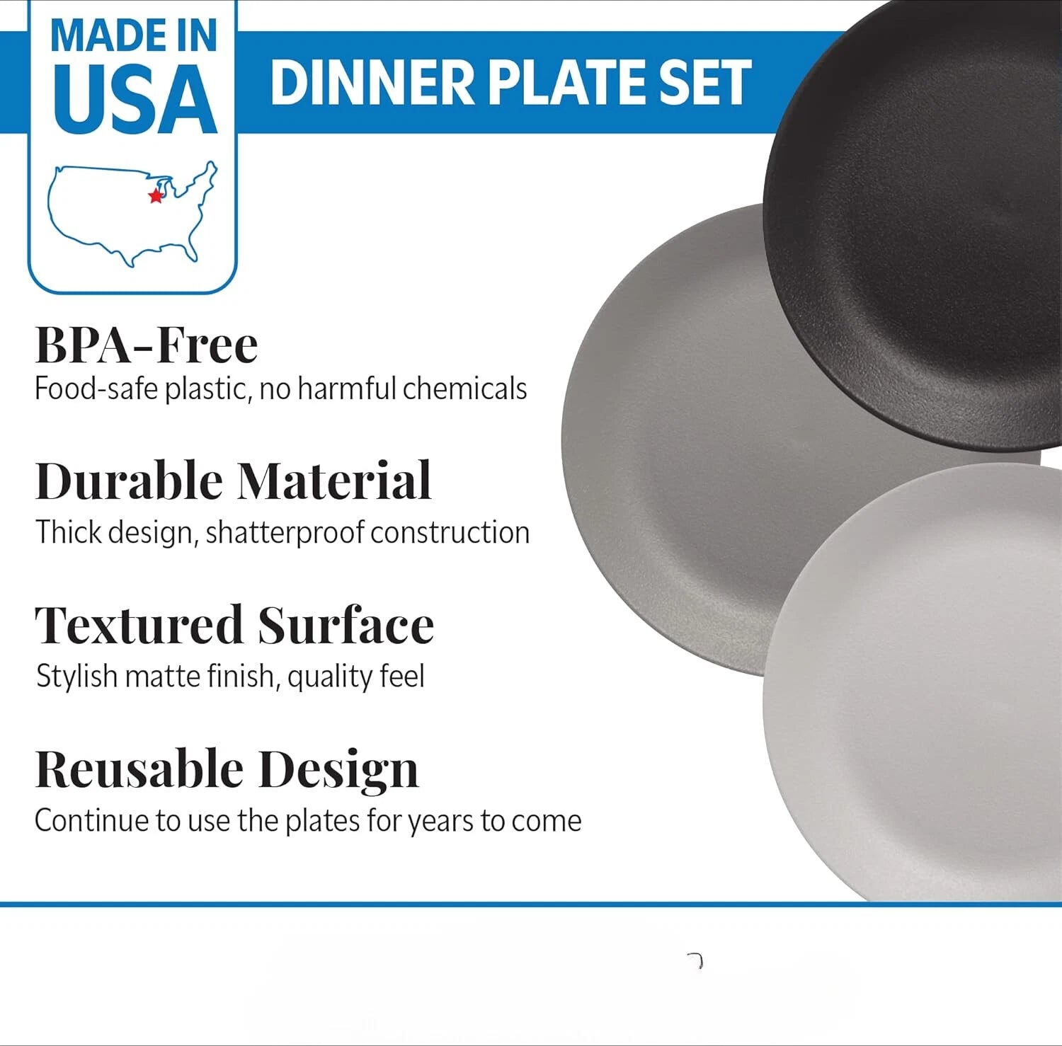 Ultra-Durable Plastic 10 inch Dinner Plates in Grey Stone | Set of 6 Reusable 07FC0E-D4 - KOEEK