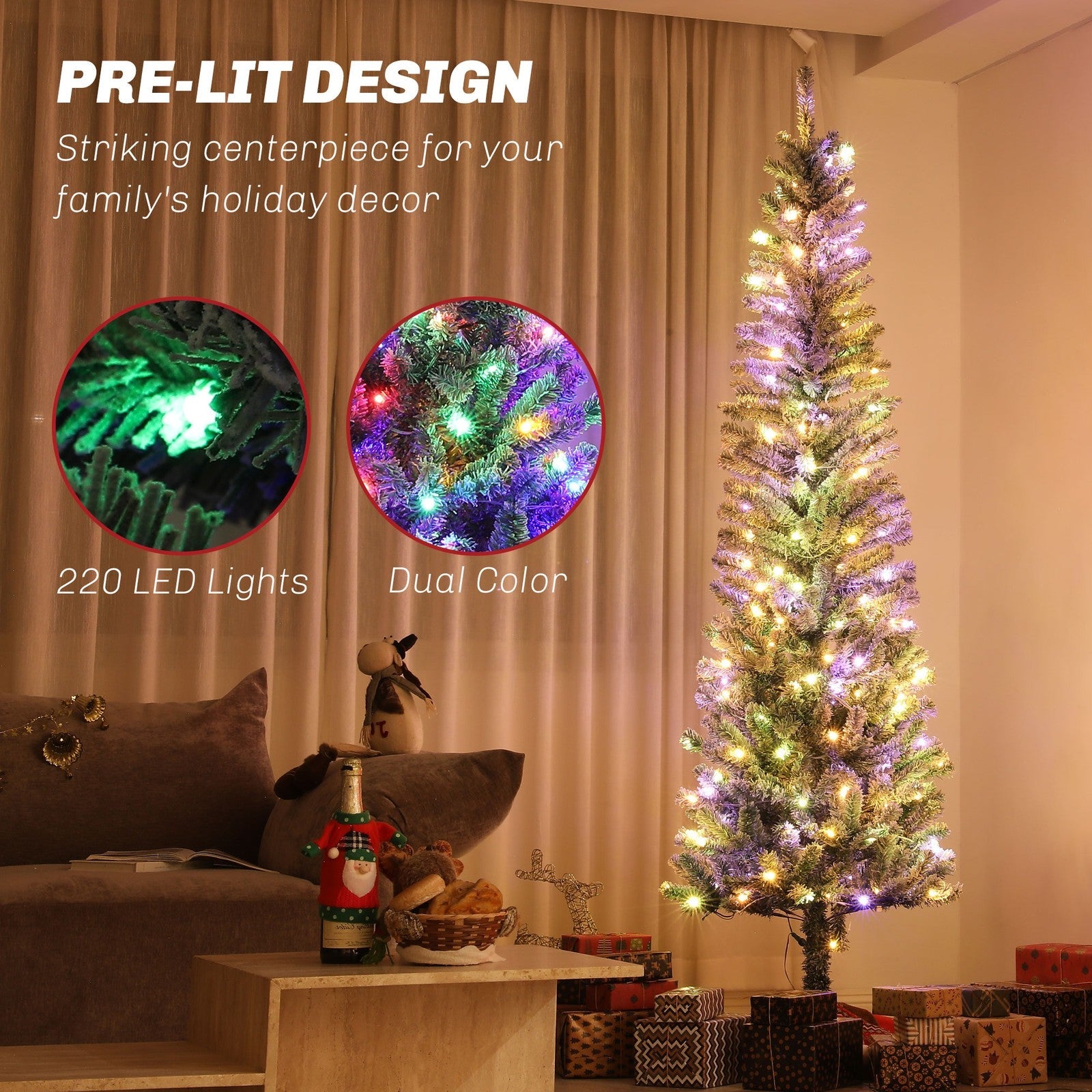 HOMCOM 7.5 ft Pencil Christmas Tree, Pre-Lit Xmas Tree w/ Dual Color Lights HOMCOM - KOEEK