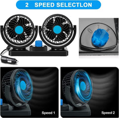new Car Fan 12V, 360 Degree Rotatable Fan, Electric 2 Speed Dual Head Blue 07FC0E-D4 - KOEEK