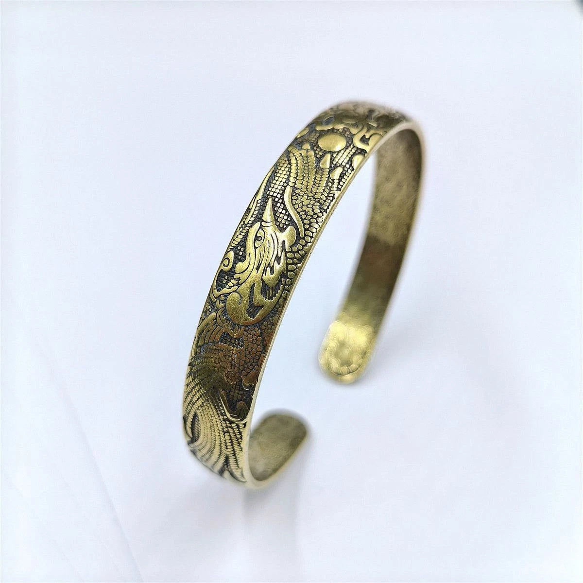 Vintage Brass Bangle Dragon Phoenix Open Copper Bracelet Chinese Style Jewelry 07FC0E-D4 - KOEEK