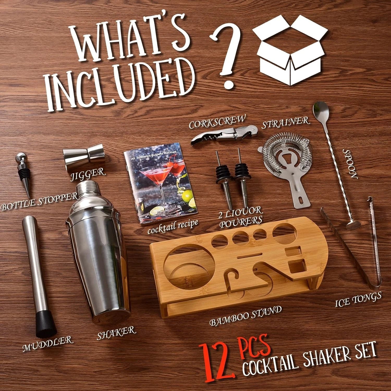 Cocktail Shaker Set Bartender Kit : 12-Piece Bar Tool Set with Bamboo Stand 07FC0E-D4 - KOEEK