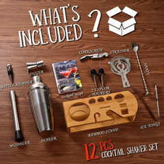 Cocktail Shaker Set Bartender Kit : 12-Piece Bar Tool Set with Bamboo Stand 07FC0E-D4 - KOEEK