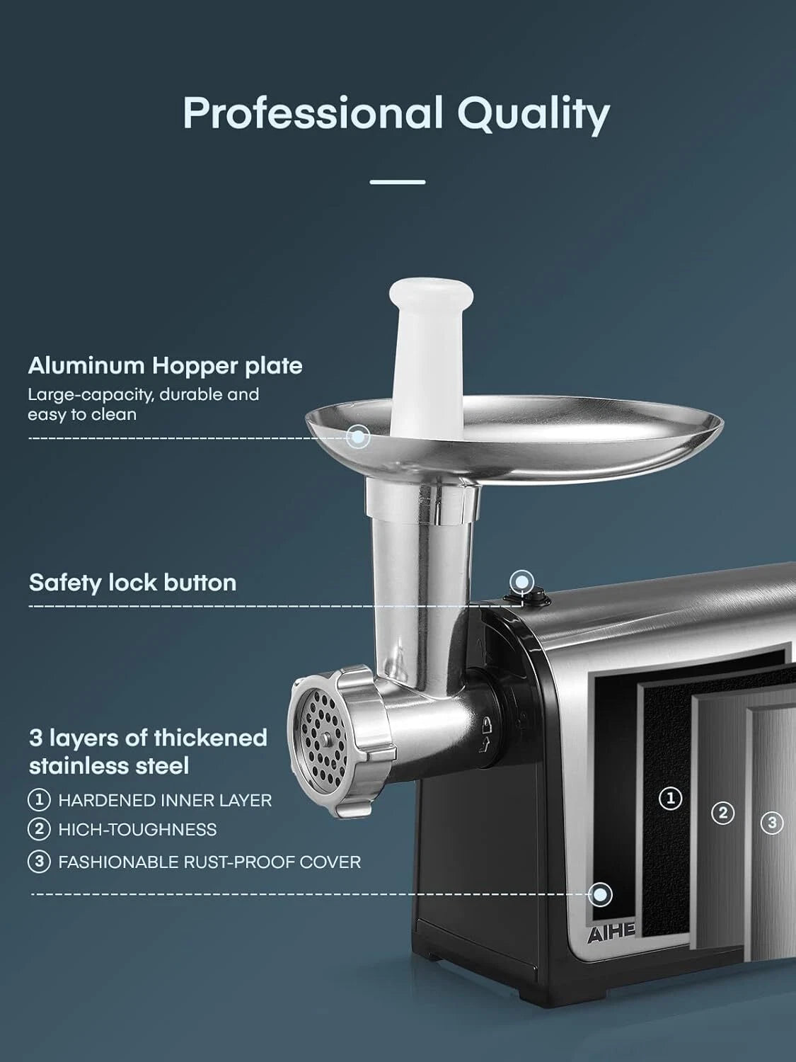 Electric meat grinder with 3 sausage tubes for home kitchen, stainless steel 07FC0E-D4 - KOEEK