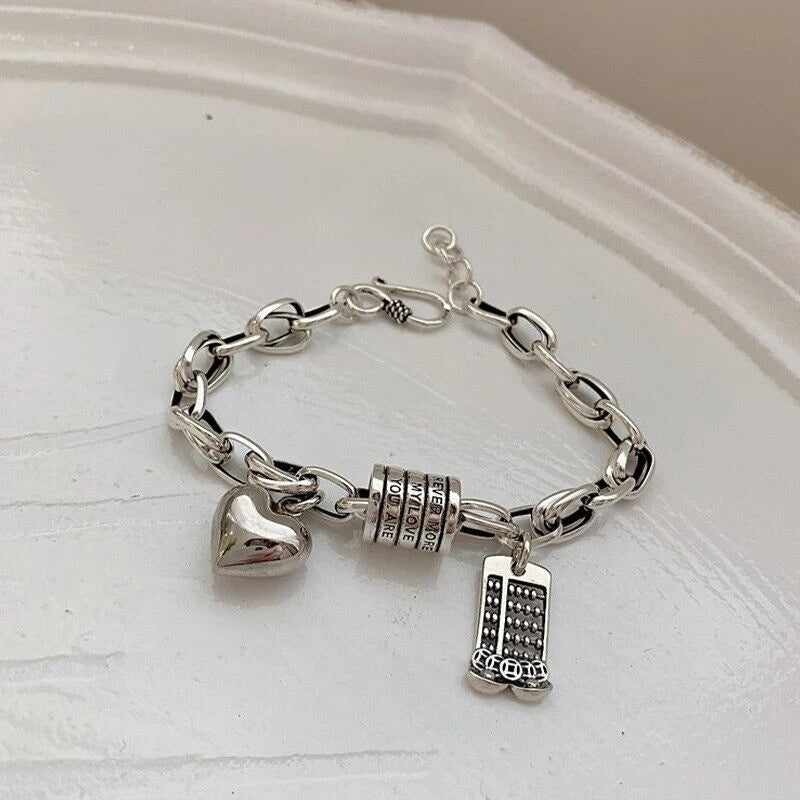925 Sterling Silver Girls Thick Chain Bracelet Heart Tassel Bangle Woman Jewelry 07FC0E-D4 - KOEEK