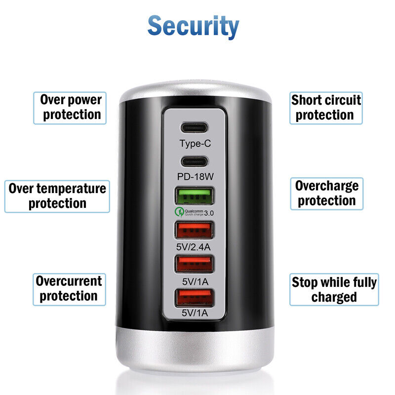 ny 6 Multi Port USB Type-C Hub Laderstasjon Tower Desktop Lader Strømadapter