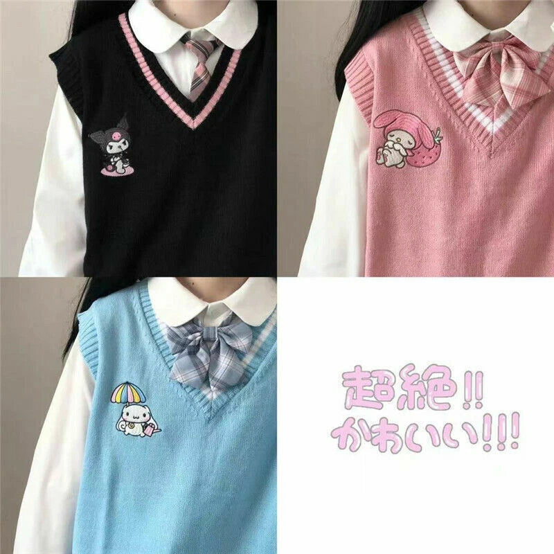 My Melody Cinnamoroll Kuromi Kawaii Cotton Sweater Knit Vest Girl's Uniform Tops 07FC0E-D4 - KOEEK