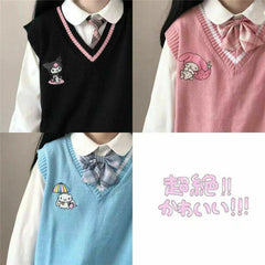 My Melody Cinnamoroll Kuromi Kawaii Cotton Sweater Knit Vest Girl's Uniform Tops 07FC0E-D4 - KOEEK