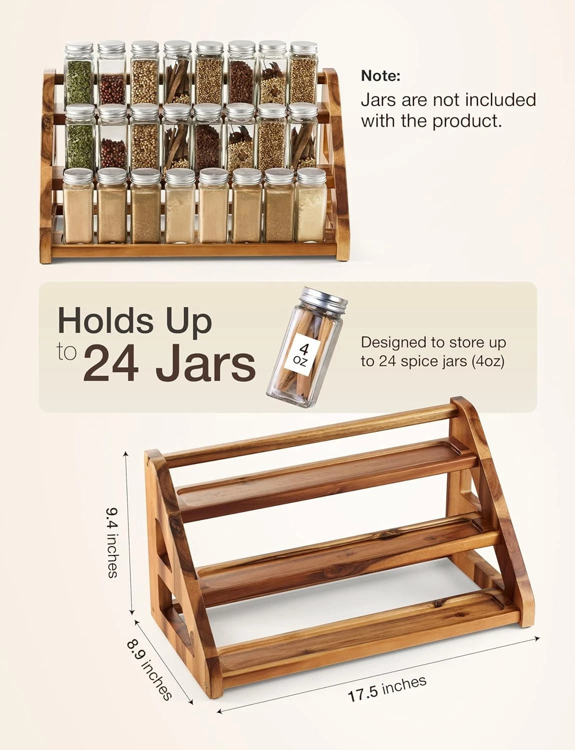 Acacia Wood Spice Rack for Countertop - Wooden Tray Holds 24 Jars Spice Racks 07FC0E-D4 - KOEEK