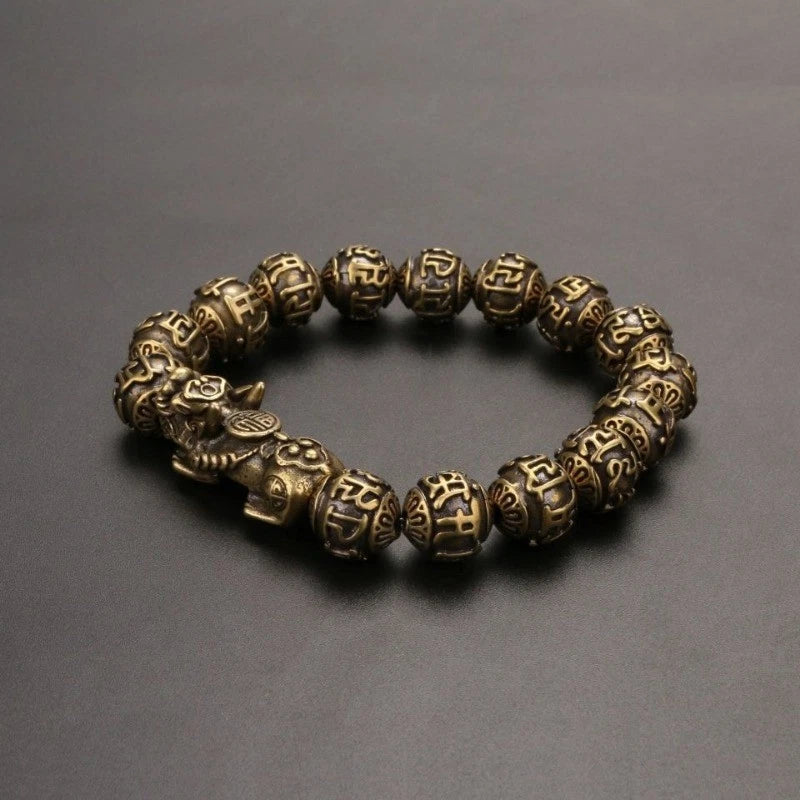 Brass Pure Copper Six Words Mantra Bracelet Men’s Vintage Pixiu Feng Shui Bead 07FC0E-D4 - KOEEK