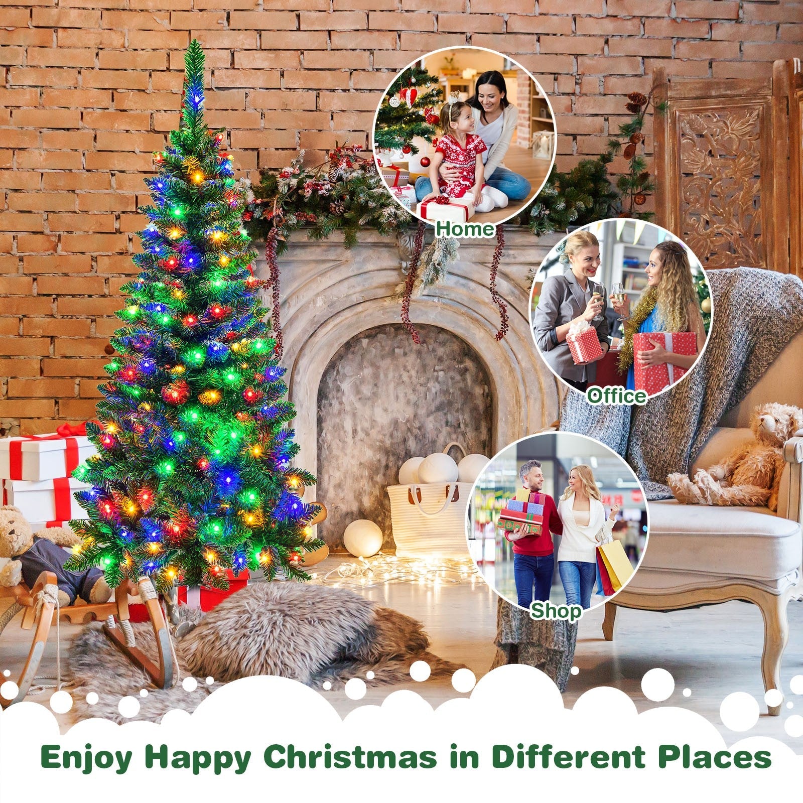 4.5ft Pre-Lit Hinged Artificial Fir Pencil Christmas Tree w/150 Multicolor Light 07FC0E-D4 - KOEEK
