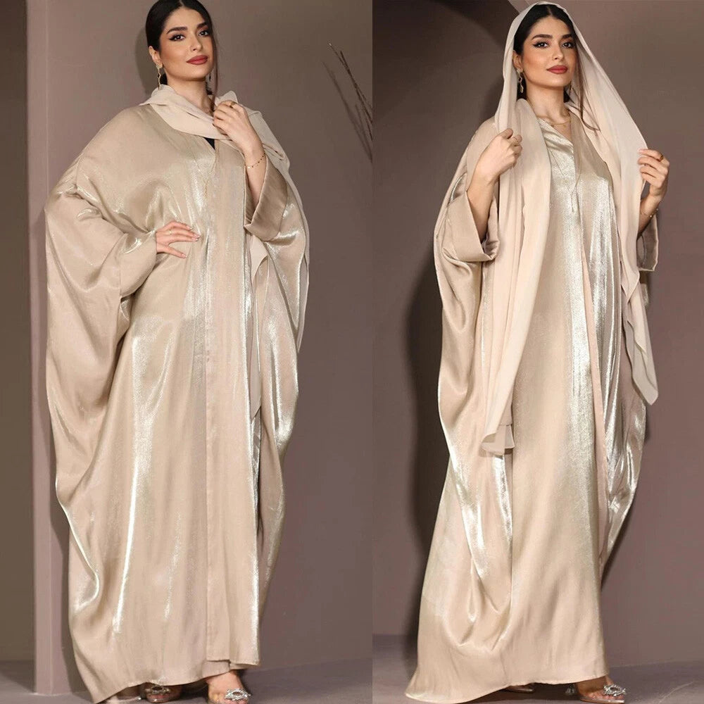 Dubai Women Muslim Batwing Sleeve Satin Open Abaya Cardigan Dress Dress Turkey 07FC0E-D4 - KOEEK