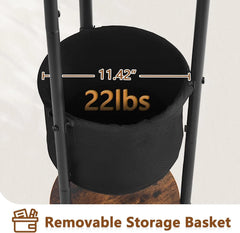 Coat Rack Freestanding,Round Coat Rack with 3 Wooden Shelves and 1 Fabric Basket