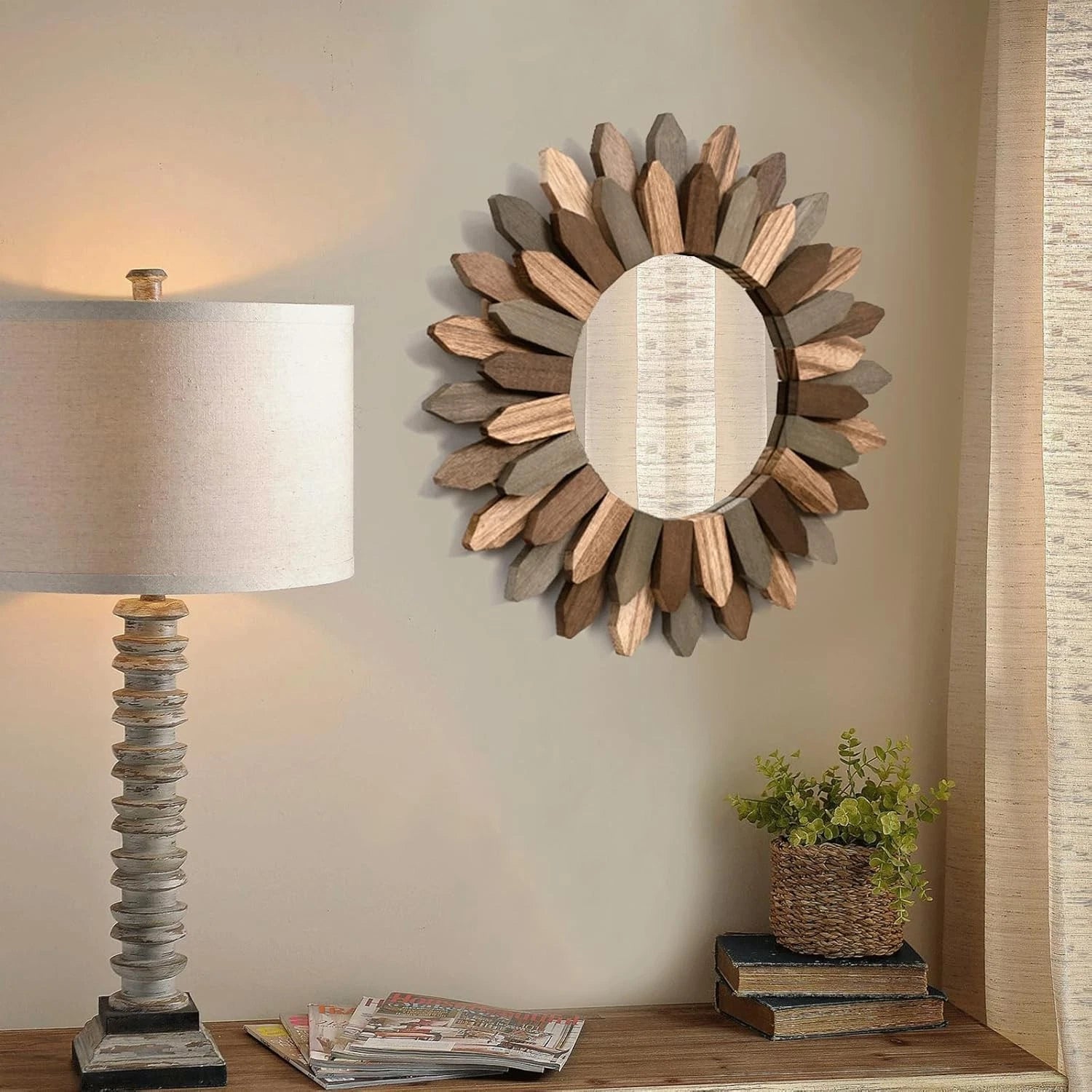 Boho Wall Decor 12 inch Decorative Mirror with Rustic Wood Sunburst Frame 07FC0E-D4 - KOEEK