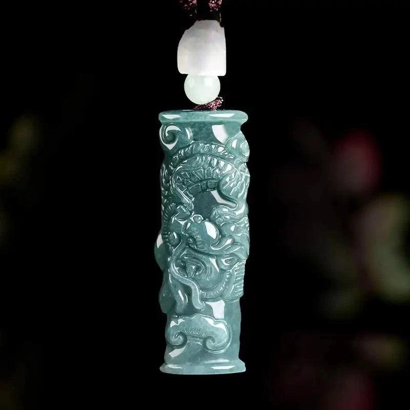 Exquisitely Natural Jadeite Handcarved Dragon Pillar Pendant Amulet Necklace 07FC0E-D4 - KOEEK