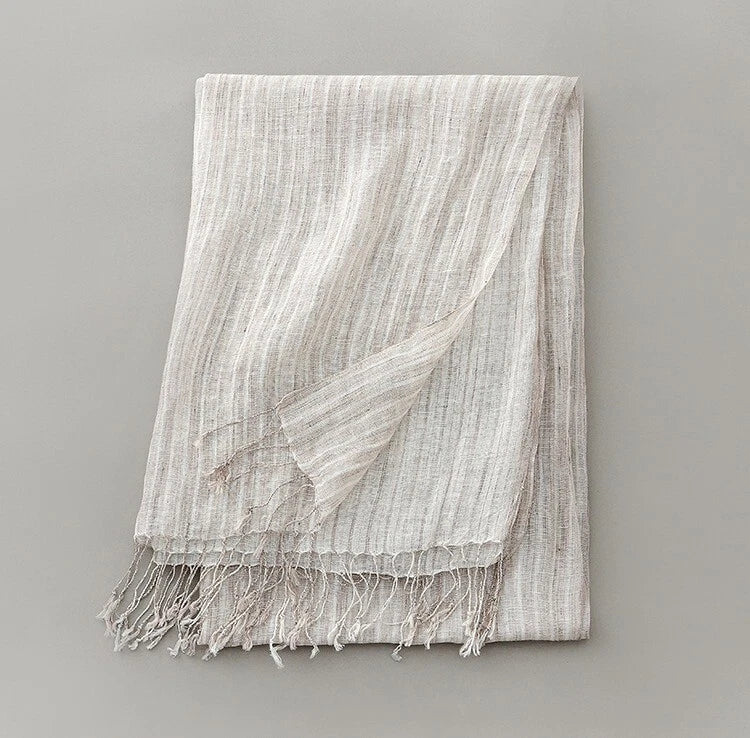 Mens  Flax Linen Scarf Breathable Tasseled Striped Shawl Unisex Neckerchief 07FC0E-D4 - KOEEK