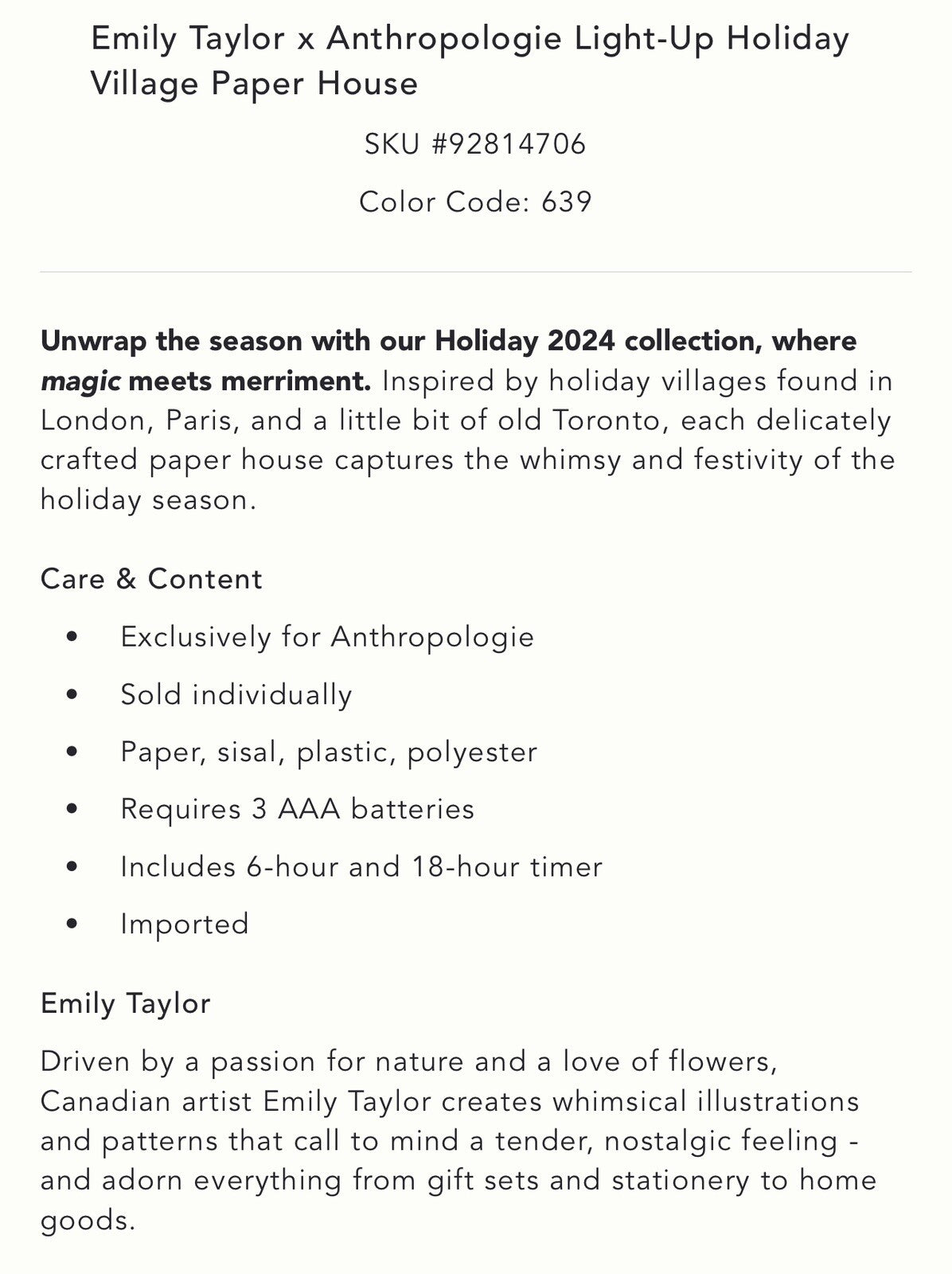 Anthropologie Light-Up Holiday Village Pink Blitzen Bakery Emily Taylor  2024 ANTHROPOLOGIE - KOEEK