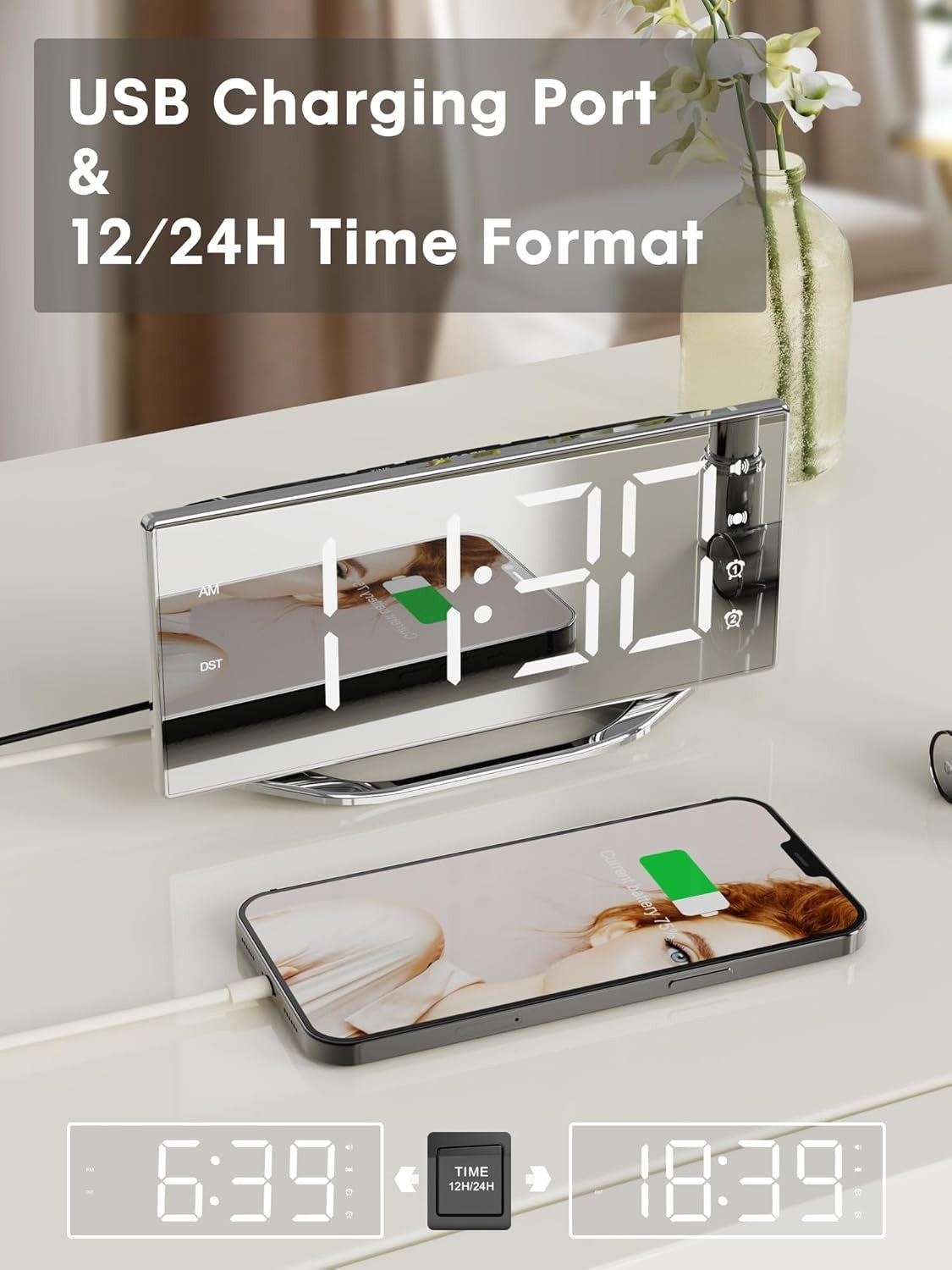 new Extra Loud Vibrating Alarm Clock Normal Size, Silver Surface(with Bed Shaker)