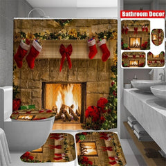 Chrismas Fireplace Shower Curtain Bath Rug Toilet Seat Cover Bathroom Set Decor 07FC0E-D4 - KOEEK