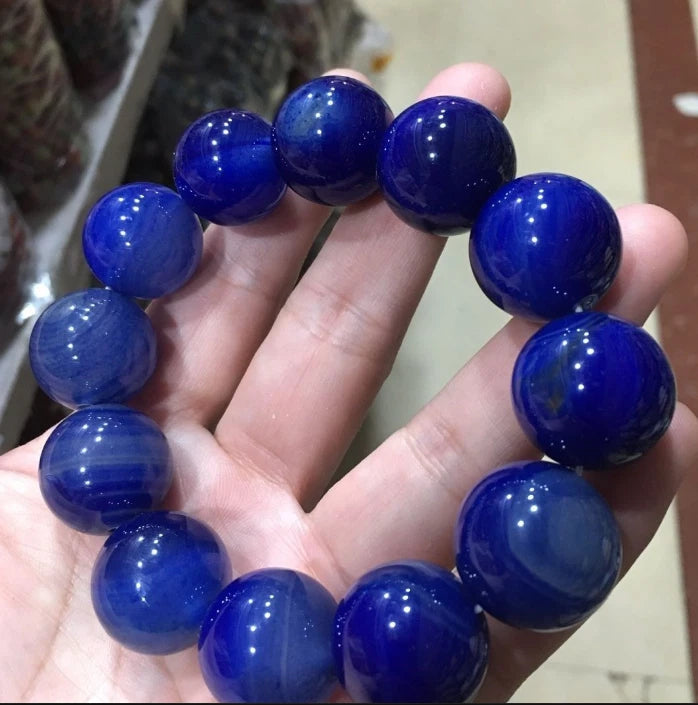 Blue Amber Bead Bracelet 20mm Round Unisex Jewelry Hand String Vintage Gift 07FC0E-D4 - KOEEK
