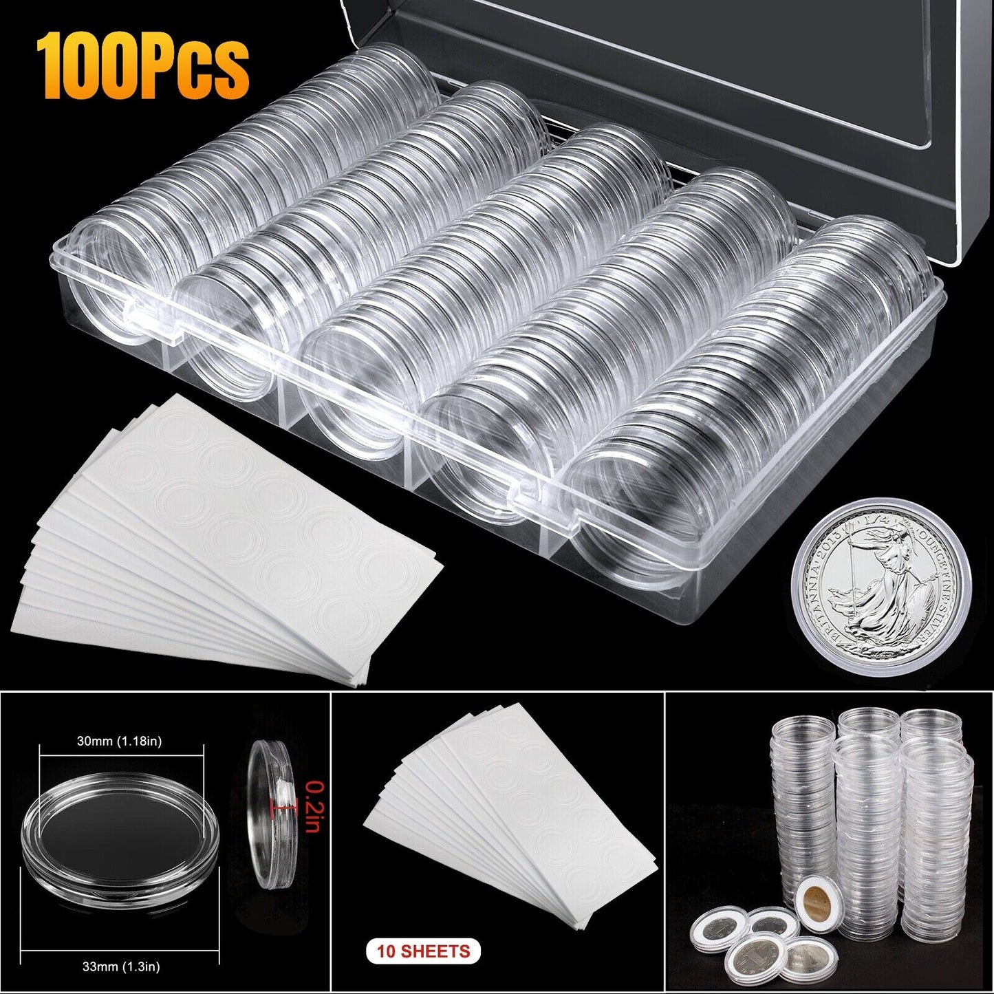 100pcs 30mm Coin Capsules Holder Clear Round Storage Box Container 5 Sizes Pads