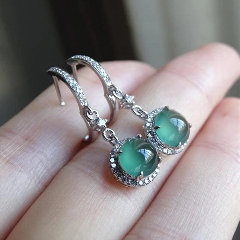 Natural Chrysoprase Long Earrings With Diamonds Fresh Noble Light 07FC0E-D4 - KOEEK
