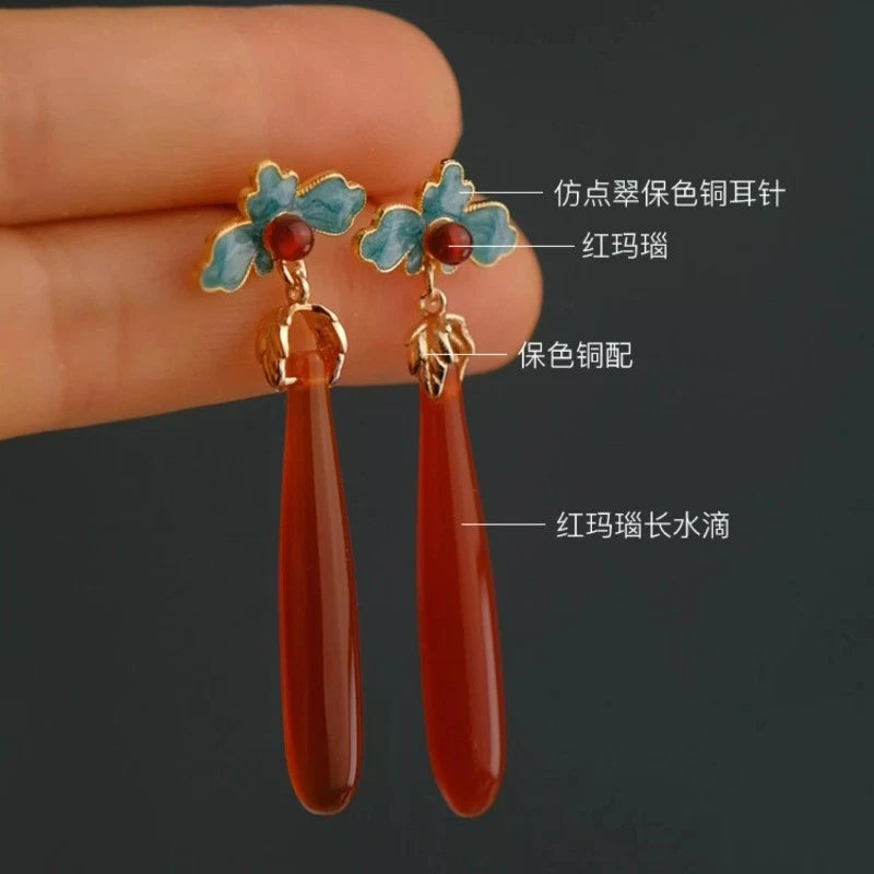 1Pair Exquisitely Chinese Agate Ear Pendant Earrings Hanfu Cheongsam Accessories 07FC0E-D4 - KOEEK
