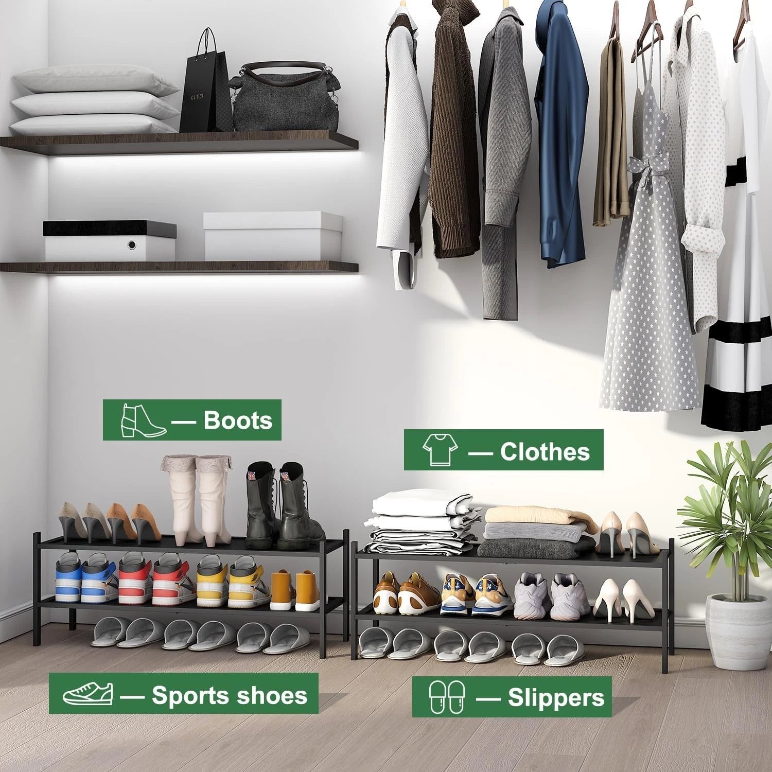 Black 2-Tier Long Stackable Bamboo Wood Shoe Rack for Closet, Entryway & Hallway 07FC0E-D4 - KOEEK