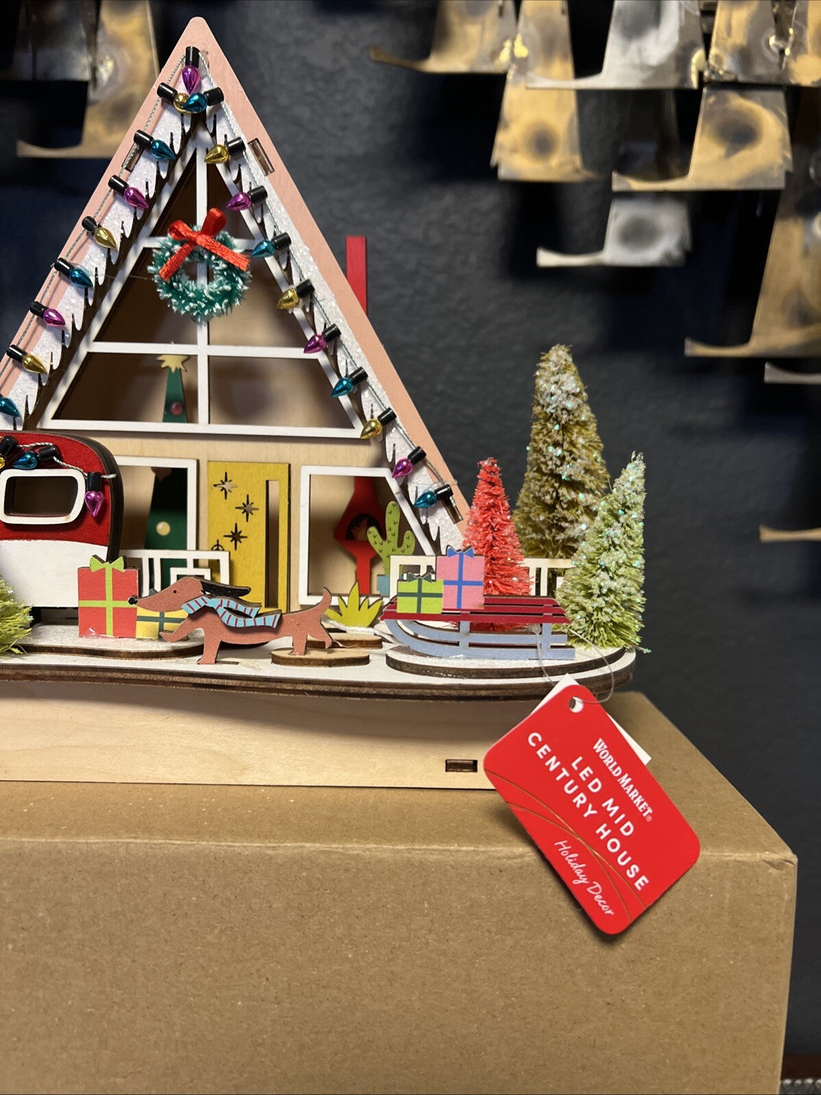 !! 2024 World Market Laser Cut Wood Mid Century A Frame House LED Light Up! WORLD MARKET - KOEEK