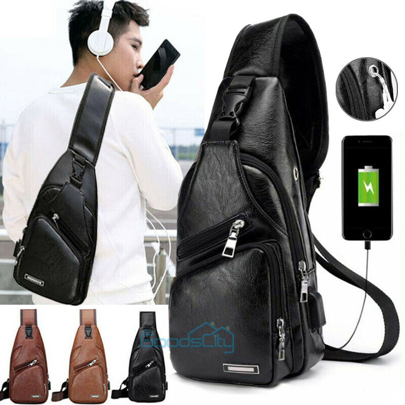 ny Mochila bandolera for hombre Bolso cruzado de cuero PU en el pecho Carga USB