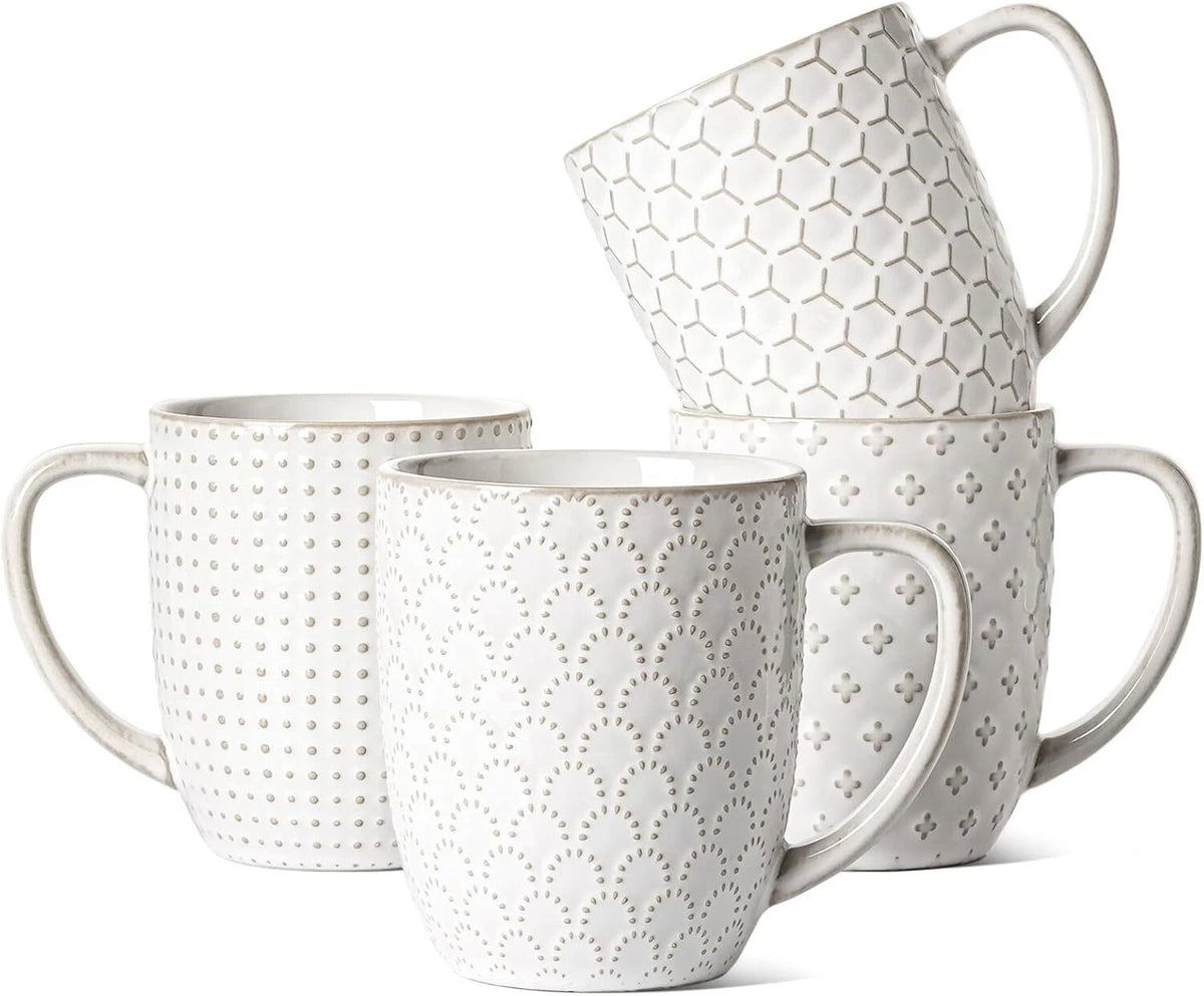 16 oz Coffee Mug Set, Ceramic Mug, Embossed Mug, Set of 4, Arctic White