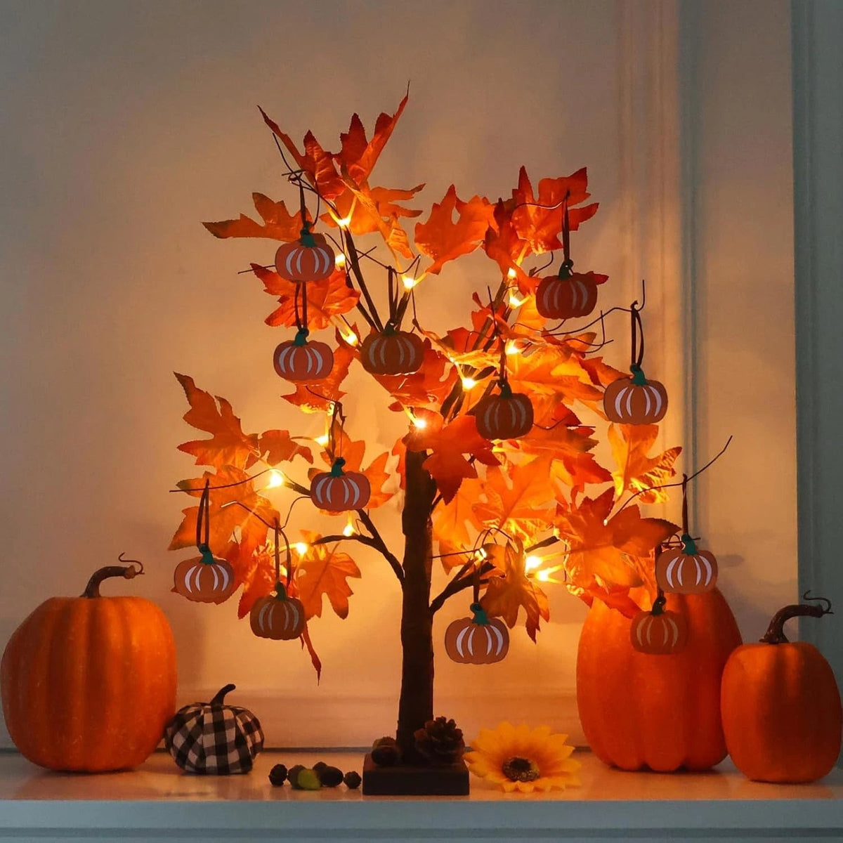 24”2FT Lighted Maple Leaves Tree with 24 LEDs & 12 Wood Pumpkin Ornaments 07FC0E-D4 - KOEEK