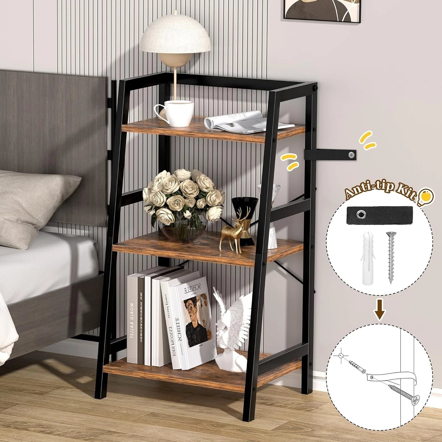 Three-tier bookshelf trapezoidal bookshelf,industrial-style steel frame bookcase 07FC0E-D4 - KOEEK